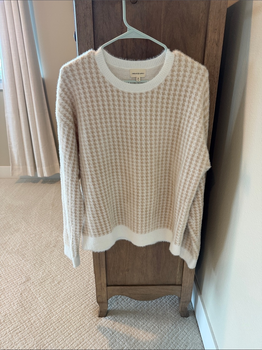 Thread & Supply Cream and Beige Houndstooth Crew Neck Sweater
